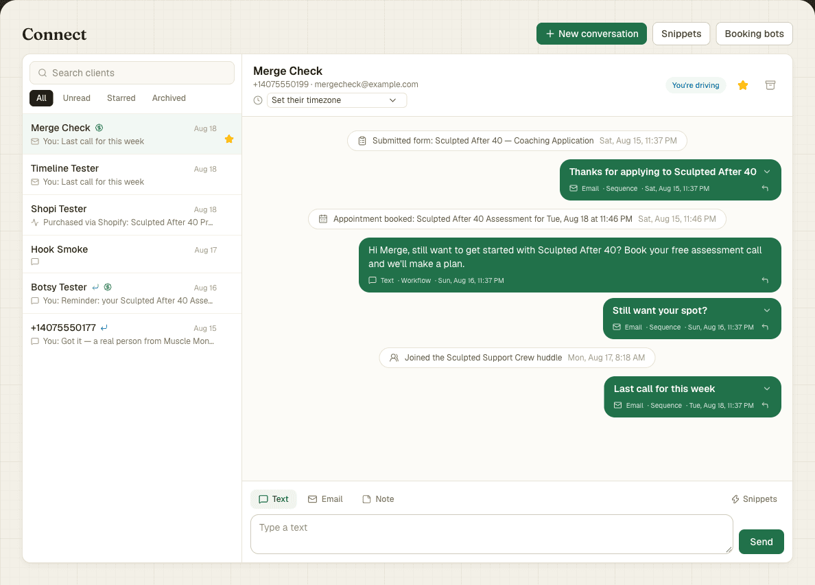 The Connect inbox: one thread per client with texts, emails, bookings and form submissions